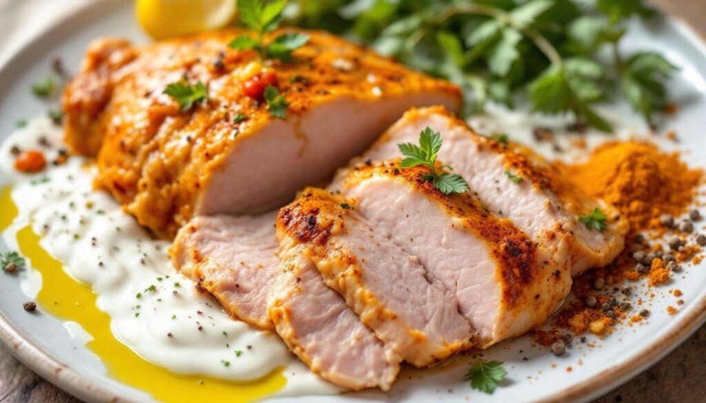 Pierś z indyka marynuję w jogurcie naturalnym. Jest soczysta nawet po odgrzaniu następnego dnia