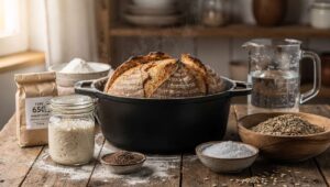 Piekę chleb na zakwasie w garnku żeliwnym i dodaję ziarna słonecznika. Skórka chrupie jak nigdy dotąd