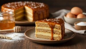 Miodownik z kremem budyniowym i słonym karmelem – ciasto, które lubi noc w lodówce