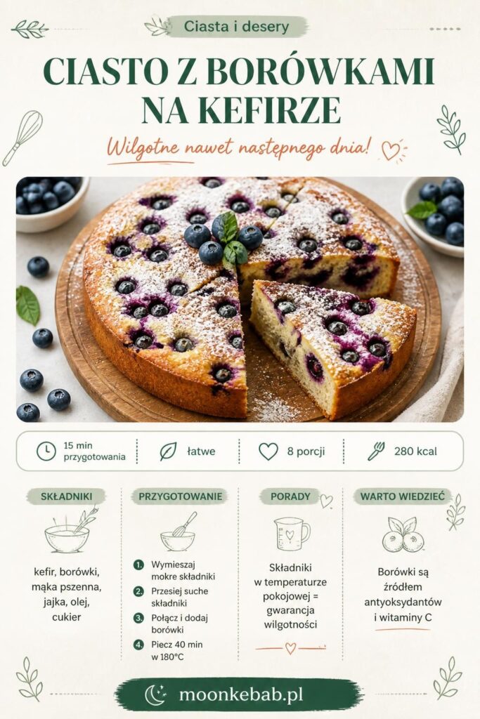 Ciasto z borówkami na kefirze — wilgotne nawet następnego dnia, przepis krok po kroku