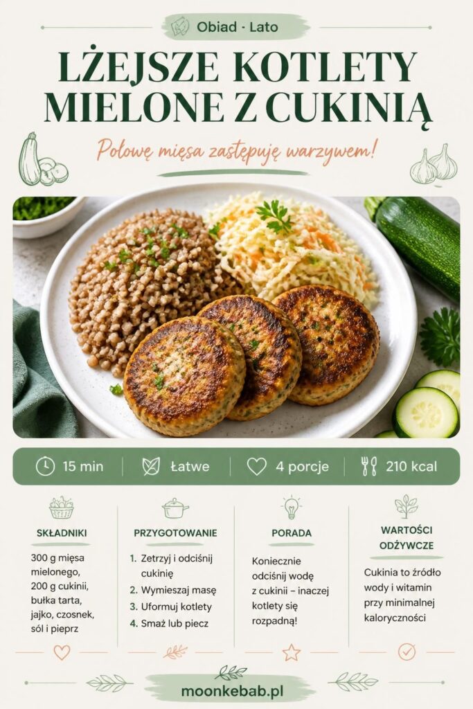 Lżejsze kotlety mielone z cukinią – przepis na lato, infografika Pinterest