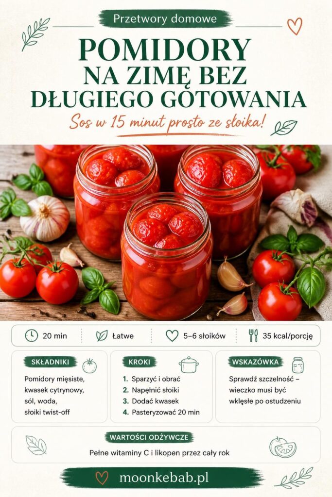 Pomidory na zimę bez długiego gotowania – słoiki twist-off z obranych pomidorów, domowy przepis